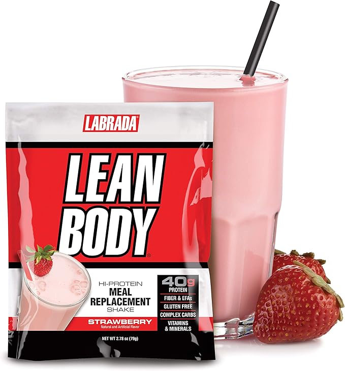 Lean Body All-in-One Strawberry Meal Replacement Shake. 40g Protein Whey Blend, 8g Healthy Fats & Fiber, 22 Vitamins and Minerals, No Artificial Color, Gluten Free, (80 MRP Packets)