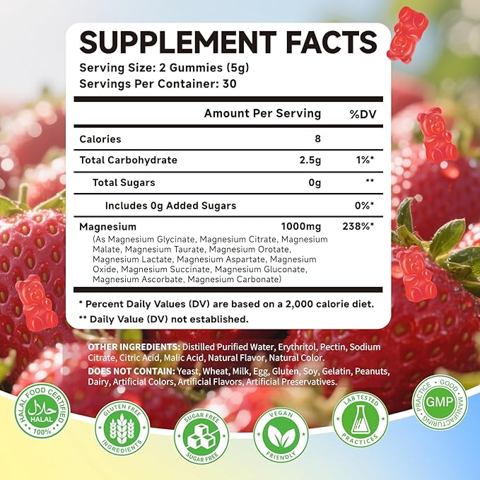 Magnesium Complex Gummies 1000mg | 12-in-1 Magnesium Complex Supplement with Glycinate, Citrate, Malate & Taurate Supports Muscle Function, Bone Health, Rest & Relaxation – Strawberry Flavor, 60 Count
