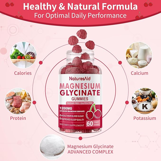 Natures Aid Magnesium Glycinate Gummies 1000mg - Sugar Free Magnesium Potassium Supplement with Vitamin D, B6, CoQ10 for Calm Mood & Sleep Support - 120 Cherry Gummies -2 Pack