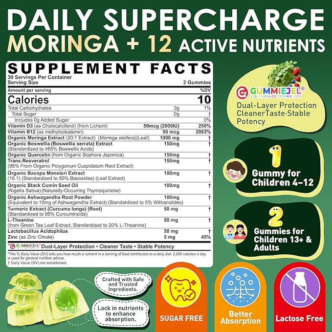 Moringa Gummies 1000mg for Women & Men Sugar-Free, 13-in-1 Superfood with Turmeric, Ashwagandha, Trans-Resveratrol, VB12 D3, Pure Moringa Leaf Supplement for Energy, Immune, Skin,Antioxidant, 60 Chews