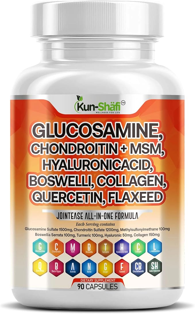 Glucosamine Chondroitin MSM Supplement – with Hyaluronic Acid, Collagen, Boswellia, Turmeric, Quercetin & Flaxseed – Joint Support Complex for Mobility & Flexibility for Men & Women – 90 ct