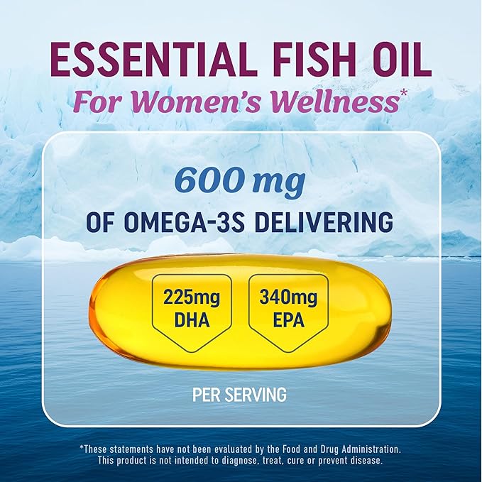Fish Oil Omega 3 Supplements for Women | DHA + EPA | Heart Health, Hormone Balance, Skin & Wellness Support | 600MG Omega3 + 800MG Evening Primrose Oil | Omega 3 Supplement for Women | 120 Ct.