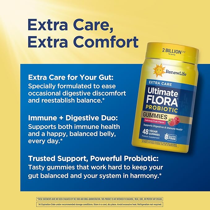Renew Life Extra Care Digestive Prebiotic and Probiotic Gummies, Daily Supplement for Digestive and Immune Health, B. Coagulans and B. Subtilis, Dairy, Soy and gluten-free, 2 Billion CFU, 48 Count