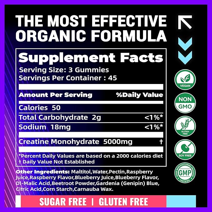 NSF Certified Creatine Gummy 5g - Creatine Monohydrate Gummies – Pre-Workout Energy & Muscle Growth Support for Men & Women | Blueberry Raspberry Electrolyte Gummies (135 Count)
