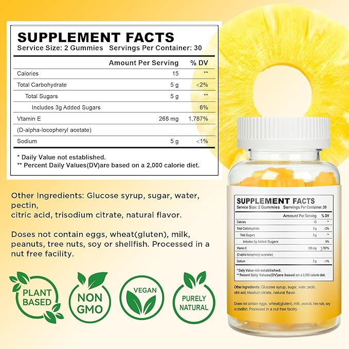 Vitamin E Gummies 268mg(400 IU) for Women Skin & Immune Support, Pineapple Flavored Vitamin E Chewable Vegan Gummies, 60 Count