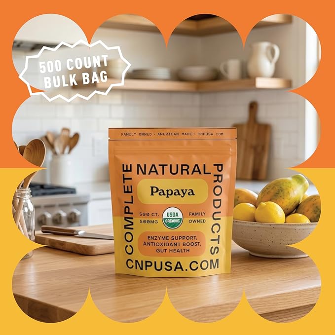 Complete Natural Products Papaya Enzyme Capsules 500mg - Organic Enzymes for Digestion with Papain, Vegan Non GMO Herbal Supplement Made USA, Fast Absorbing Digestive Support - 500 Capsules