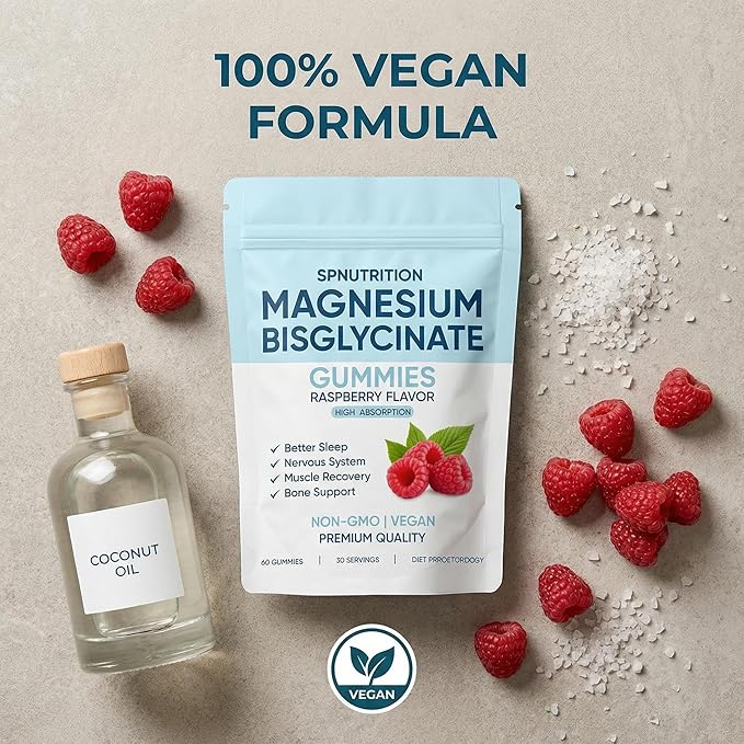 Magnesium Bisglycinate Gummies, 400mg Magnesium Bisglycinate Chelate with Sea Salt & Raspberry Powder, Supports Sleep, Nerve & Muscle Relaxation, Bone Health Support, Vegan, 60 Gummies (1)