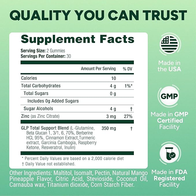 GLP-1 Support Gummies – Sugar-Free Appetite & Craving Control Supplement with Berberine, Cinnamon, Turmeric, Garcinia & Raspberry Ketones – Digestion, Weight Loss, Carb Blocker, Vegan, Keto