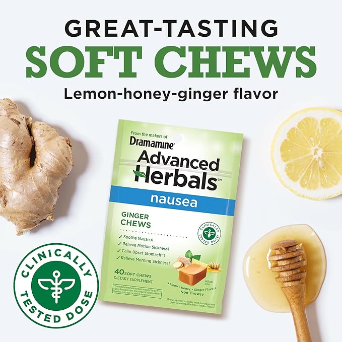 from The Makers of Dramamine, Advanced Herbals Ginger Chews for Nausea Relief, Morning Sickness Relief & Motion Sickness Relief During Travel, Lemon-Honey, 40 Count