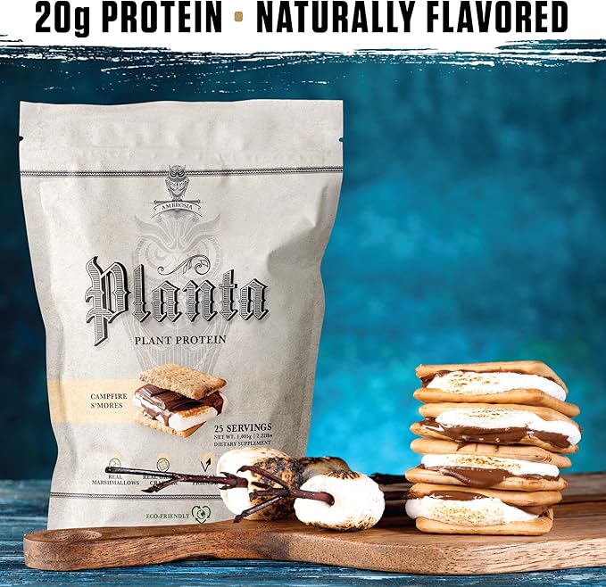 Ambrosia Planta - Plant-Based Protein Powder 20g | Dairy Free Vegan Protein Powder with BCAA Amino Acids | Keto-Friendly, No Added Sugar | 25 Servings | Campfire Smores