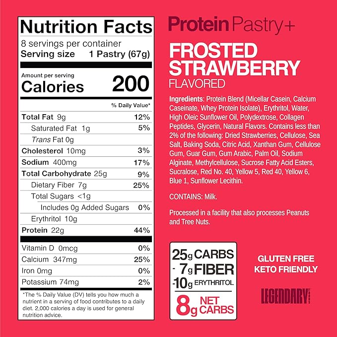 Legendary Foods 22g Protein Pastry 0g Added Sugar, Low Carb, Gluten Conscious, Keto Snack, Ideal for Glucose Management, Includes Whey Protein Isolate, 8 Pack Frosted Strawberry