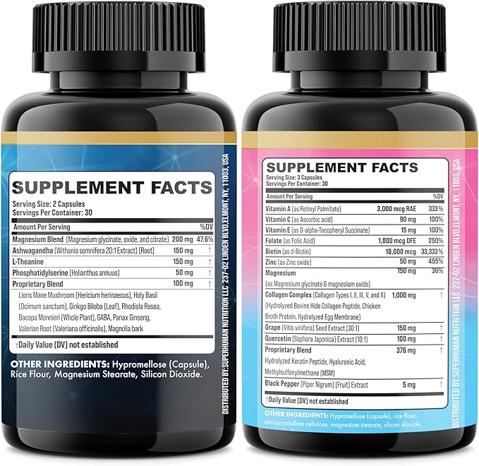Shining Serenity Set, Cortisol Support with Ashwagandha, L-Theanine, Magnesium, Lions Mane, GABA, Bacopa Monnieri, Collagen I, II, III, V, X, Folate, Biotin, Keratin, Hyaluronic Acid, Quercetin