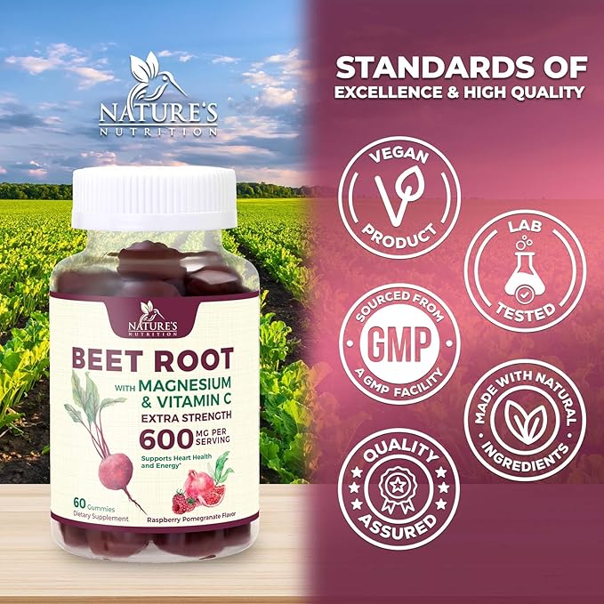 Beet Root Supplement Gummies - Superfood with Beetroot Extract Powder with Vitamin C & Magnesium - Supports Energy Heart Health & Nitric Oxide Production - Red Beets Supplements Gummy - 60 Gummies