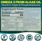 Vegan Omega-3 Gummies for Adults, Fish Oil Alternative from Algae Oil, Plant Based DHA 460mg & EPA 230mg Plus MethylFolate, Vitamin B12, Phosphatidylserine, No Fishy Taste, Vegan, Sugar Free, 60 Cts