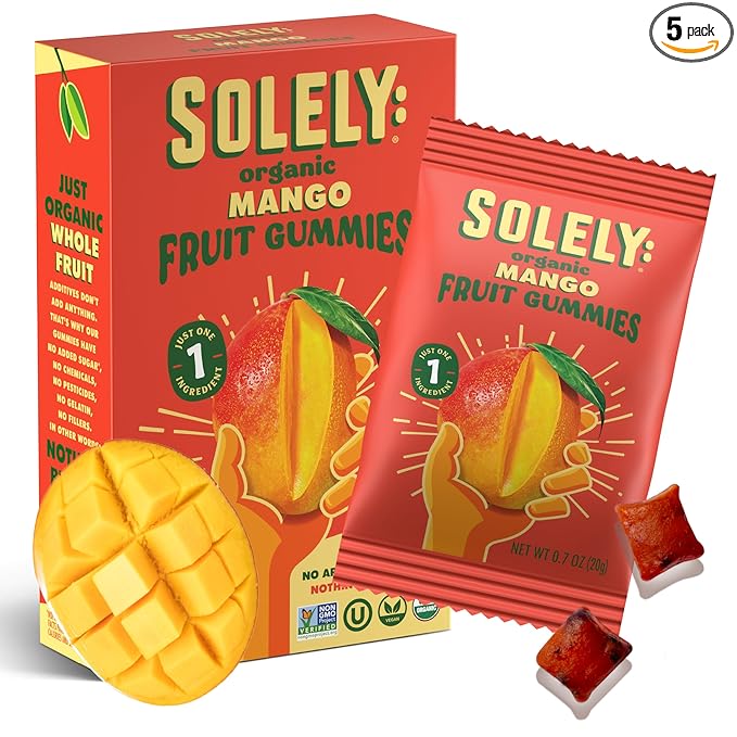 SOLELY - Organic Mango Whole Fruit Gummies (Pack of 1 Box, 5 Bags per Box) - Real Fresh Fruit - Healthy Snacks for Adults & Kids - Non GMO, Vegan Snacks, Shelf Stable - 5 Bags (3.5 oz)