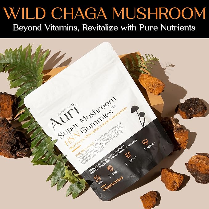 Auri Nutrition Super Mushroom HSN Gummies - Hair Skin and Nails Gummies Functional Mushrooms Supplement - with Wild Chaga, Chlorophyll, Lutein and Astaxanthin - 60 Orange Citrus Gummies