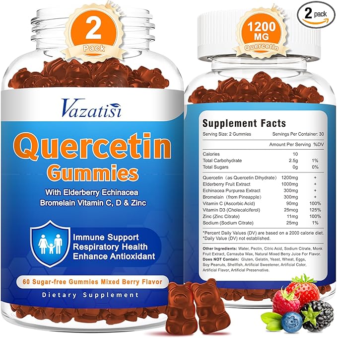 2 Pack Quercetin with Bromelain Gummies, Quercetin with Vitamin C Zinc & Elderberry for Immune System & Allergy, Chewable & Vegan Gummies, Mixed Berry Flavor 120 Cts