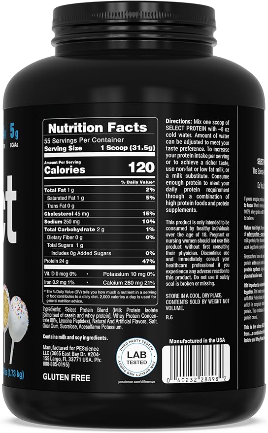 PEScience Select Protein Powder, Whey and Casein Blend, Lean Protein Powder for Women and Men, Low Calorie, Low Carb, Keto Friendly, Gluten Free, Cake Pop - 55 Servings