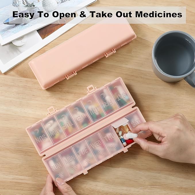 Foldable Pill Organizer 2 Times a Day w/Etched Labels -Dual Protection & Portable Weekly AM PM Pill Box, 7 Day Medicine Container, Large Travel Pill Case for Week Daily Supplement Vitamin - Pink