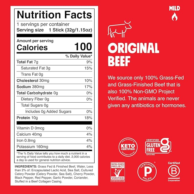 Chomps Grass-Fed and Finished Original Beef Jerky Snack Sticks 24-Pack, Keto, Paleo, Whole30, 10g Protein, Gluten-Free