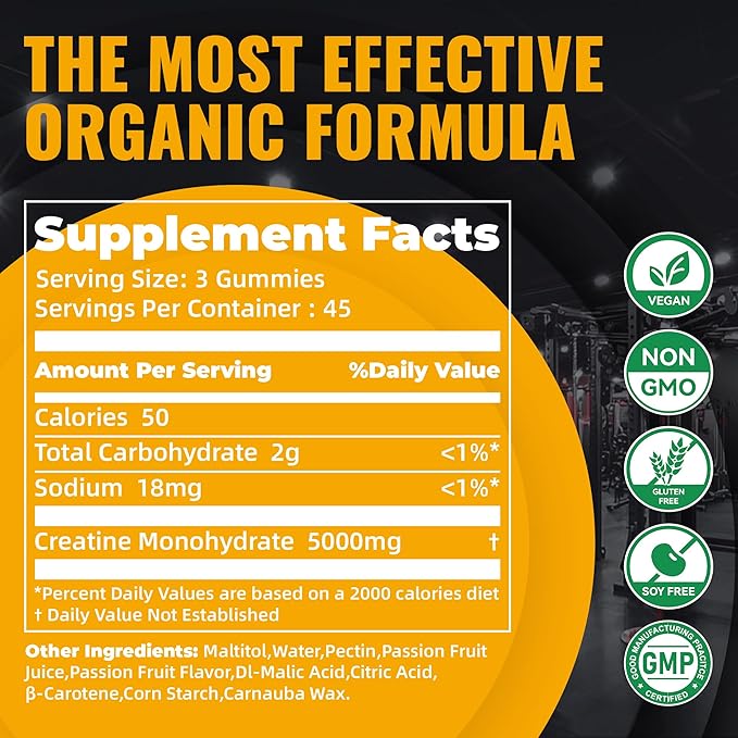 Creatine Monohydrate Gummies – Pre-Workout Energy & Muscle Growth Support for Men & Women | Passion Fruit Electrolyte Gummies (135 Count)