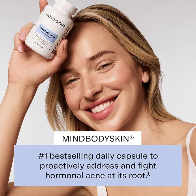 CLEARSTEM - MINDBODYSKIN Hormonal Acne Supplement (5-HTP) - Natural DIM Supplement - Skin Care Vitamins - Hormone Balance, Antioxidants - Gluten Free, Cruelty Free - 30 Servings, 90 Capsules