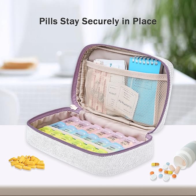 Weekly Travel Pill Organizer 3 Times A Day Pill Case for Purse with Removable 7 Day Pill Box Holder,Cute Medication Organizer Pill Container for Medicine, Vitamin, Fish Oils,Supplement(Purple, Large)