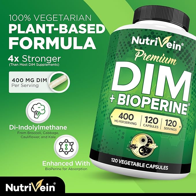 Nutrivein Premium DIM Supplement 400 mg Daily - 120 Servings (120 Capsules): Diindolylmethane for Women and Men - Plus Bioperine - Estrogen Supplement - Menopause and Middle Age Support