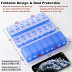 Foldable Pill Organizer 2 Times a Day w/Etched Labels -Dual Protection & Portable Weekly AM PM Pill Box, 7 Day Medicine Container, Large Travel Pill Case for Week Daily Supplement Vitamin -Clear Blue