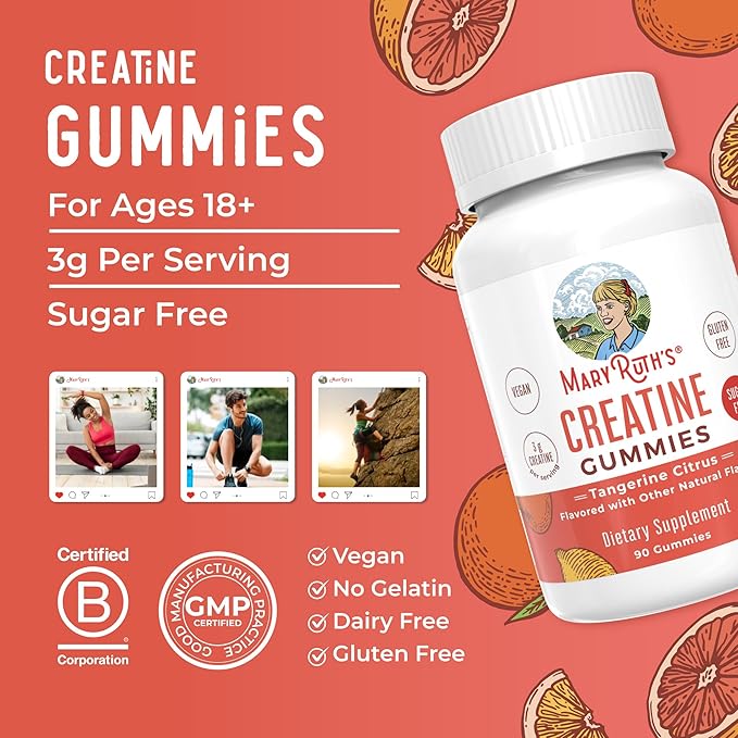MaryRuth's Creatine Gummies | Creatine Monohydrate Gummies | 3g Creatine Per Serving | Creatine for Women & Men | Tangerine Citrus Flavor | Exercise | Workout | Sugar Free | Vegan | 90 Count