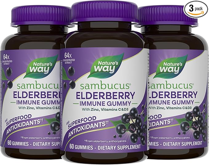 Nature’s Way Sambucus Elderberry Gummies, Immune Support Gummy for Adults & Kids Ages 4+ with Black Elderberry Extract, Vitamin C, Vitamin D3, and Zinc*, 60 Gummies (Set of 3)