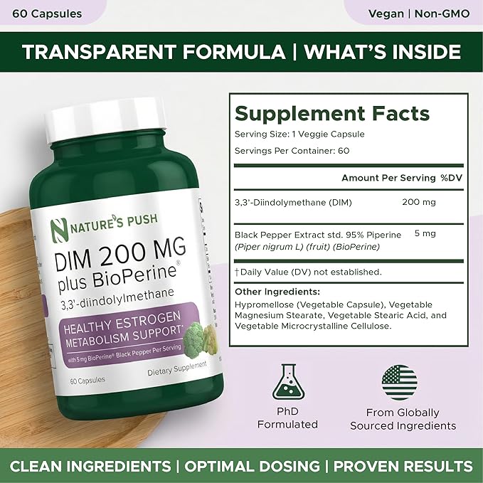 DIM 200mg Estrogen Balance for Women & Men Diindolylmethane Black Pepper for Non-cystic Acne, Hormone Balance, Menopause & Antioxidant Support Vegan Gluten Soy Free Non-GMO USA 2 month supply 60 caps