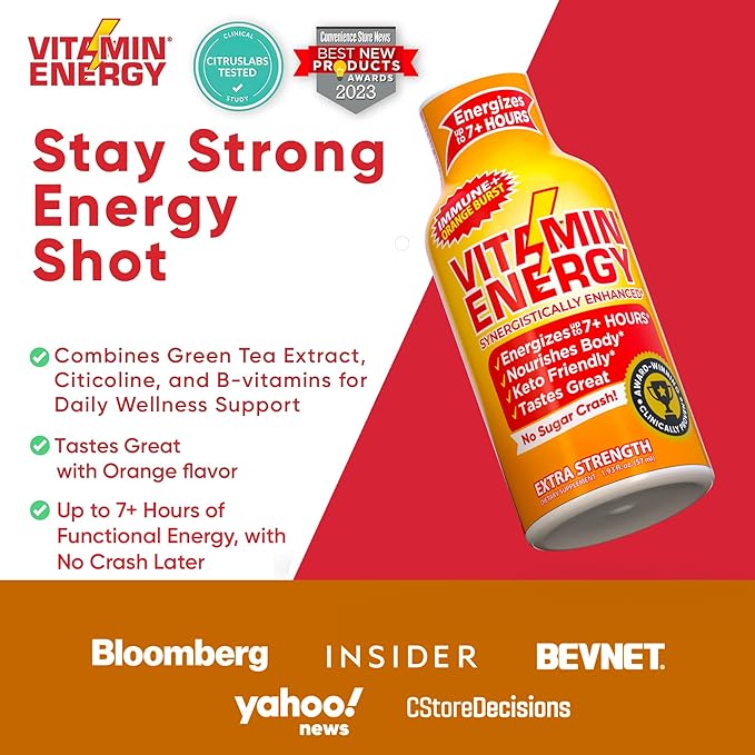 Vitamin Energy Immune+ Extra Strength Energy Shot Orange Burst 48 Pack, 260mg Natural Caffeine, B-Vitamins, Citicoline, Green Tea, Immunity & Focus Support, Zero Sugar, Gluten-Free 1.93 fl oz