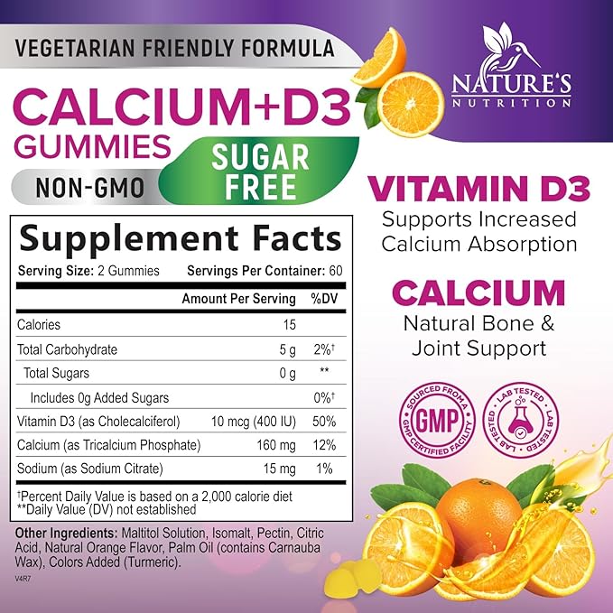 Calcium Supplement Gummies - Sugar Free Calcium Gummy with Vitamin D3 for Best Absorption - Supports Immune Health, Bones & Teeth - Nature's Calcium Chews for Women & Men, Orange Flavor - 120 Gummies