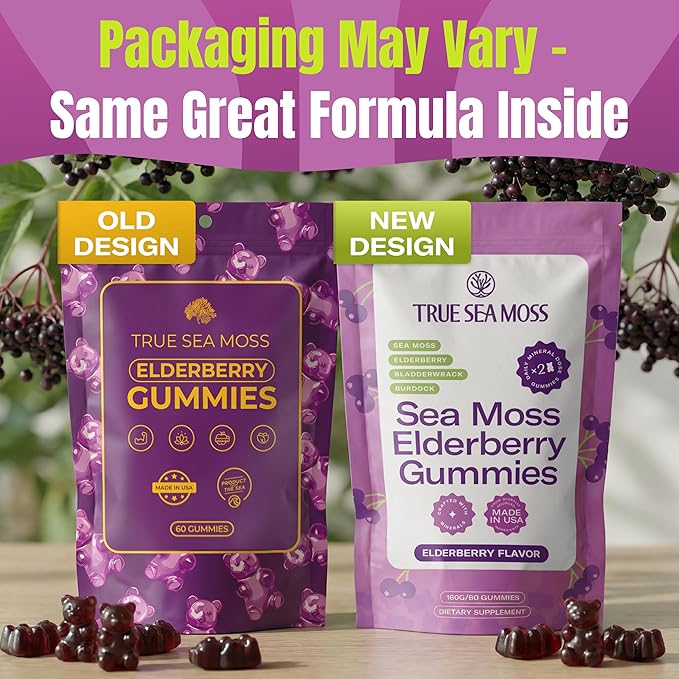 TrueSeaMoss Sea Moss Elderberry Gummies for Adults & Kids – with Burdock Root, Bladderwrack – 60 Gummies (Pouch May Vary)
