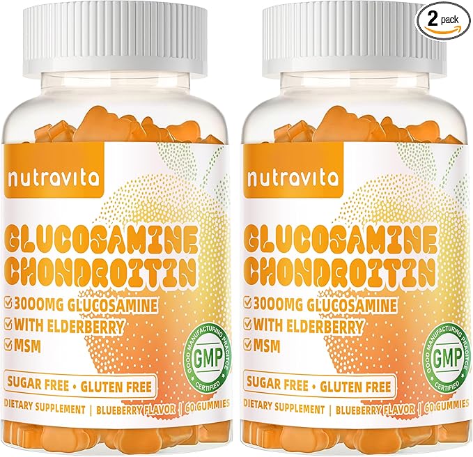 Nutravita Glucosamine Chondroitin Gummies with MSM & Elderberry Extra Strength - Joint Support, Antioxidant Immune Support Supplement for Adults, Men & Women.120 Orange Chews