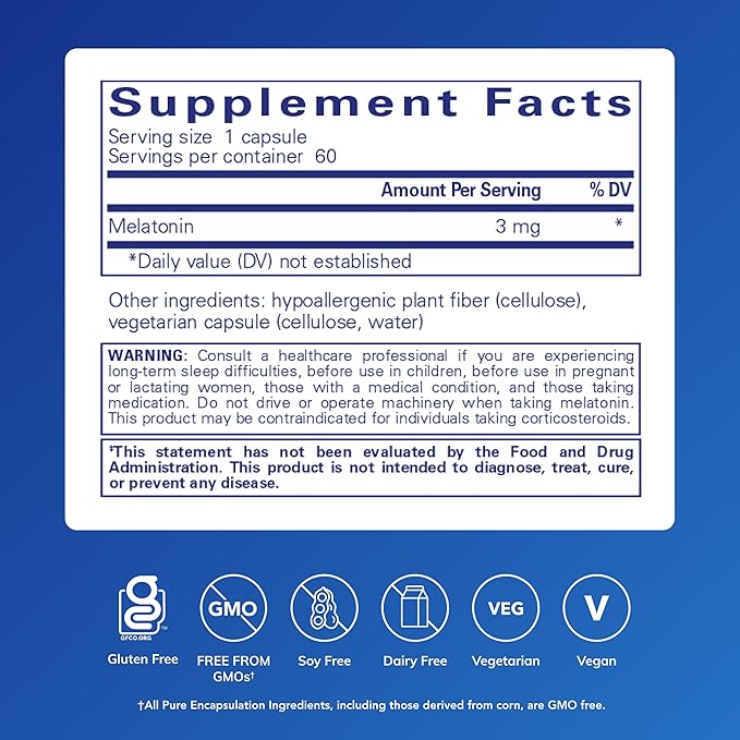 Pure Encapsulations Melatonin 3 mg - Antioxidant Supplement to Support Natural Sleeping & Relief of Occasional Sleeplessness - for Natural Sleep Support* - 60 Capsules