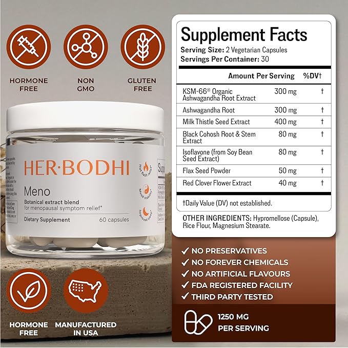 Her Bodhi Meno- Menopause Hormonal Balance for Women, Estrogen Soy Isoflavones Menopause Supplement for Women, Ashwagandha, Black Cohosh Hot Flashes Menopause Relief, Night Sweats Relief 180Caps