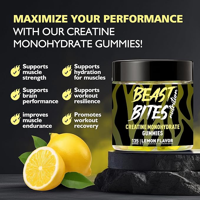 Creatine Monohydrate Gummies 5000mg (135 Count)-Lemon Flavor.