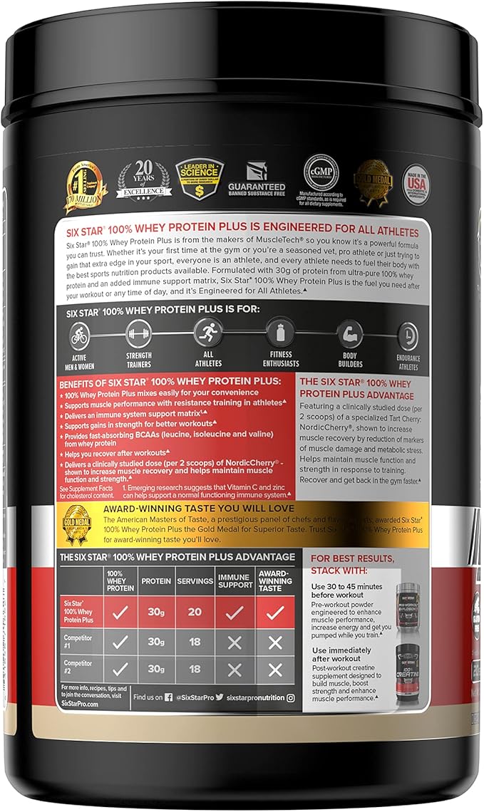 Whey Protein Powder + Immune Support | Six Star Whey Protein Plus | Whey Protein Isolate & Peptides + Muscle Builder | Lean Protein Powder for Muscle Gain & Recovery | Vanilla, 2 lbs