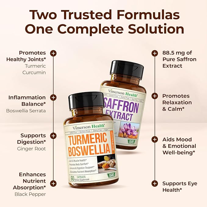 Boswellia Turmeric Curcumin Supplement + Pure Saffron Supplements for Women & Men Bundle – Supports Joint Health, Mood & Calm, Eye Health – with Ginger Root, Organic Turmeric Powder, Saffron Extract