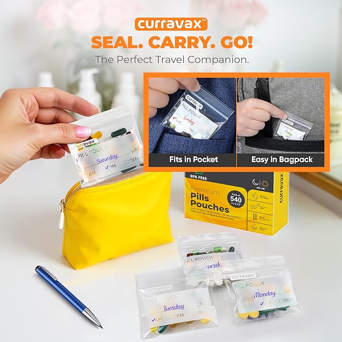 CURRAVAX Pill Bags Pack of 225- BPA Free 3 x 2.75 inch Pill Pouch - Pill Pouches for Medicine with Write on Label –Clear Ziplock Pill Baggies for Travel Medicine Organizer