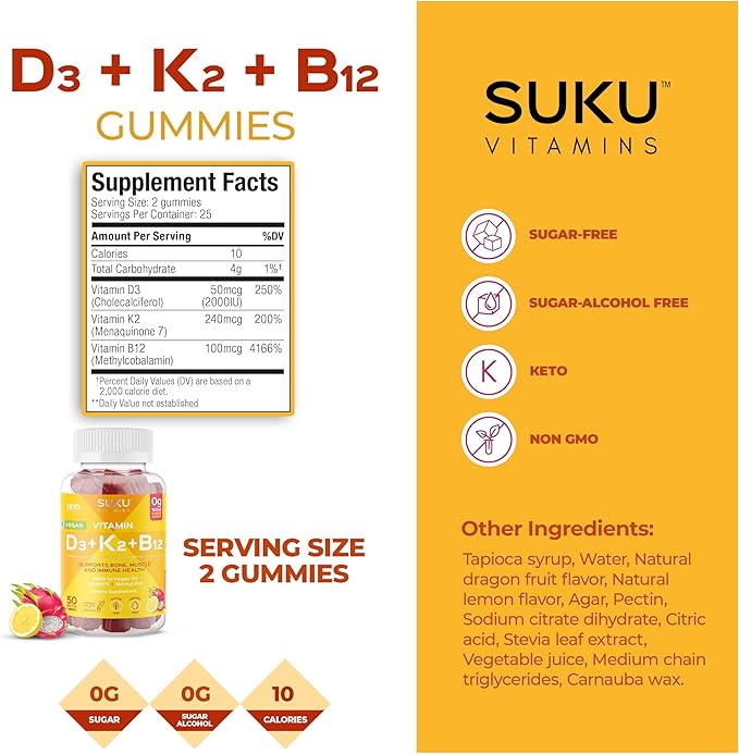 SUKU Vitamins Vegan D3 + K2 + B12 Sugar-Free & Sugar-Alcohol-Free Keto 2000IU Vitamin D Gummy Supplement for Healthy Bones, Immune Function, Healthy Metabolism, Lemon Dragon Fruit Flavor (50 Gummies)