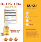 SUKU Vitamins Vegan D3 + K2 + B12 Sugar-Free & Sugar-Alcohol-Free Keto 2000IU Vitamin D Gummy Supplement for Healthy Bones, Immune Function, Healthy Metabolism, Lemon Dragon Fruit Flavor (50 Gummies)