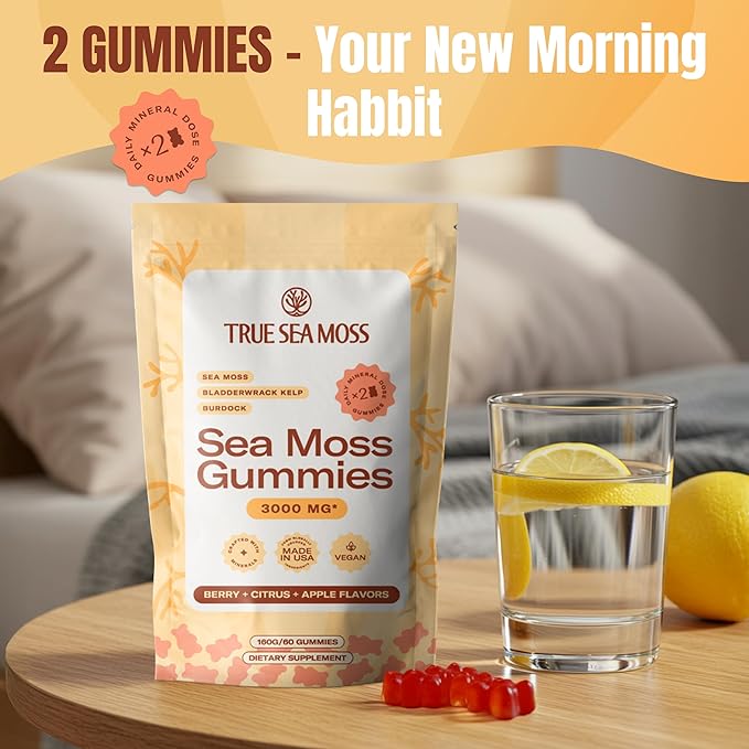TrueSeaMoss Gummies 3000mg – Irish Sea Moss with Bladderwrack & Burdock Root – 3-in-1 Formula – Fruity Flavor – 60 Gummies
