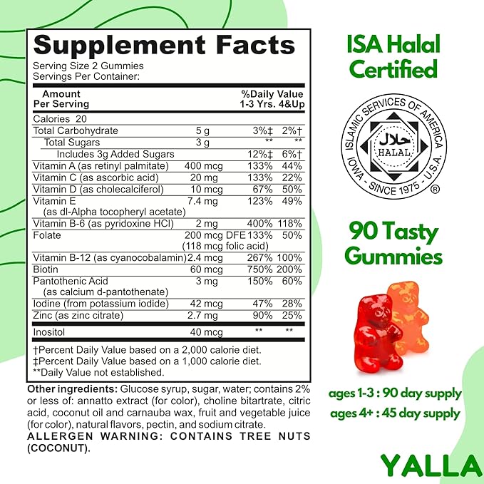 YALLA Halal Vitamins for Kids, Halal Kids Multivitamin Gummies, 45-90 Day Supply, Essential Vitamins with C, D3, Zinc for Immunity, B6 B12 for Energy, ISA Certified, Gelatin Free