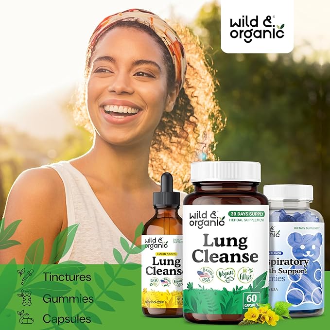 Wild & Organic Lung Cleanse Capsules - Lung Support Supplement with Mullein Leaf, Stinging Nettle, Angelica & Korean Panax Ginseng Powder - Vegan, No Fillers, Non-GMO - 60 Count