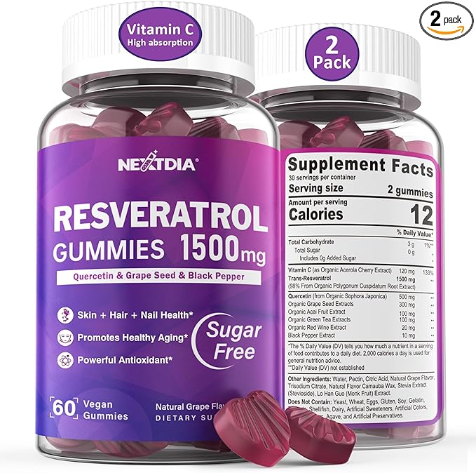 Resveratrol Supplement 1500mg - Resveratrol Gummies Supports NAD⁺, NMN & NMNH Synergy, with Quercetin, Grape Seed, Acai Berries Extracts for Antioxidant, Healthy Aging & longevity, Skin, Brain - 2Pcs