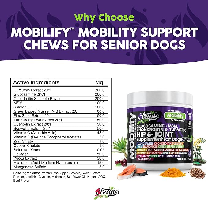 Clean Pets Hip and Joint Supplement Dogs with Glucosamine for Dogs + Chondroitin, Turmeric, Hyaluronic Acid, MSM, Salmon Oil, Collagen, Vitamin C, Omega 3 Senior Dog Supplements Beef Flavor - 1Pack