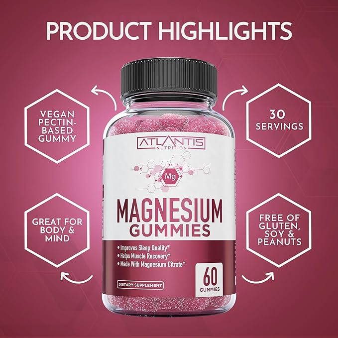 Atlantis Nutrition Magnesium Citrate Gummies – Magnesium Gummies – 90mg Magnesium (from 770mg Magnesium Citrate) | Supports Muscle Recovery, Eases Cramps, Promotes Calmness & Better Sleep | 60 Gummies